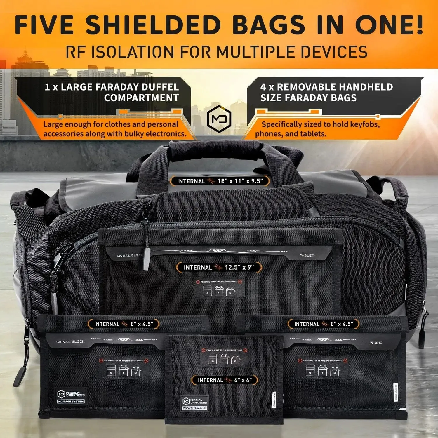 Disconnect Faraday Duffel Bag   4 Detachable Faraday Pockets // Military-Grade RF Shielding