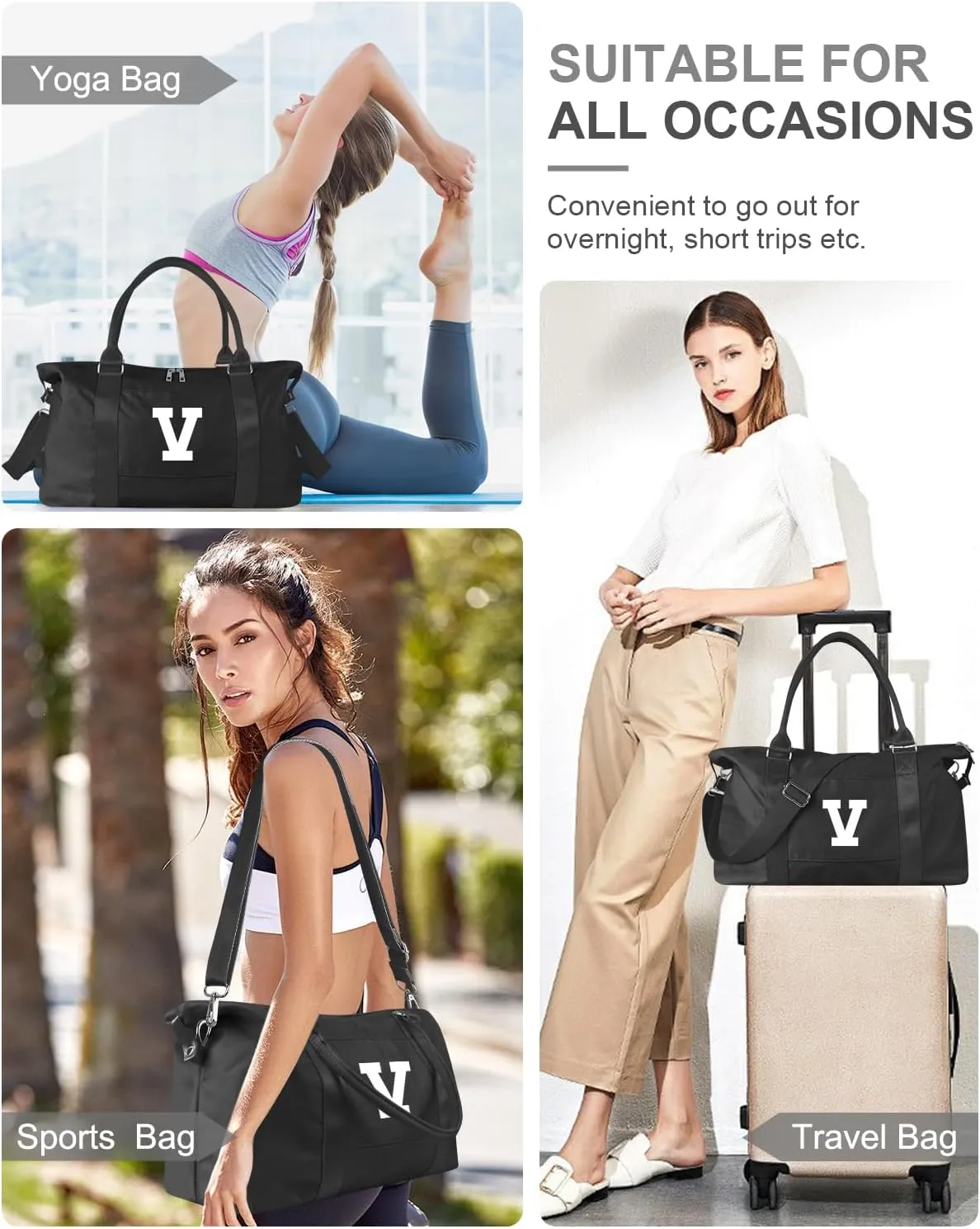 Initial Travel Duffel Bag Sports Gym Bag for Boys Teen Birthday Gifts,Black Personalized Weekender Bag Carry On Tote Bags for Men,Waterproof Overnight Luggage Bag Airplane Travel Essentials(Letter V)