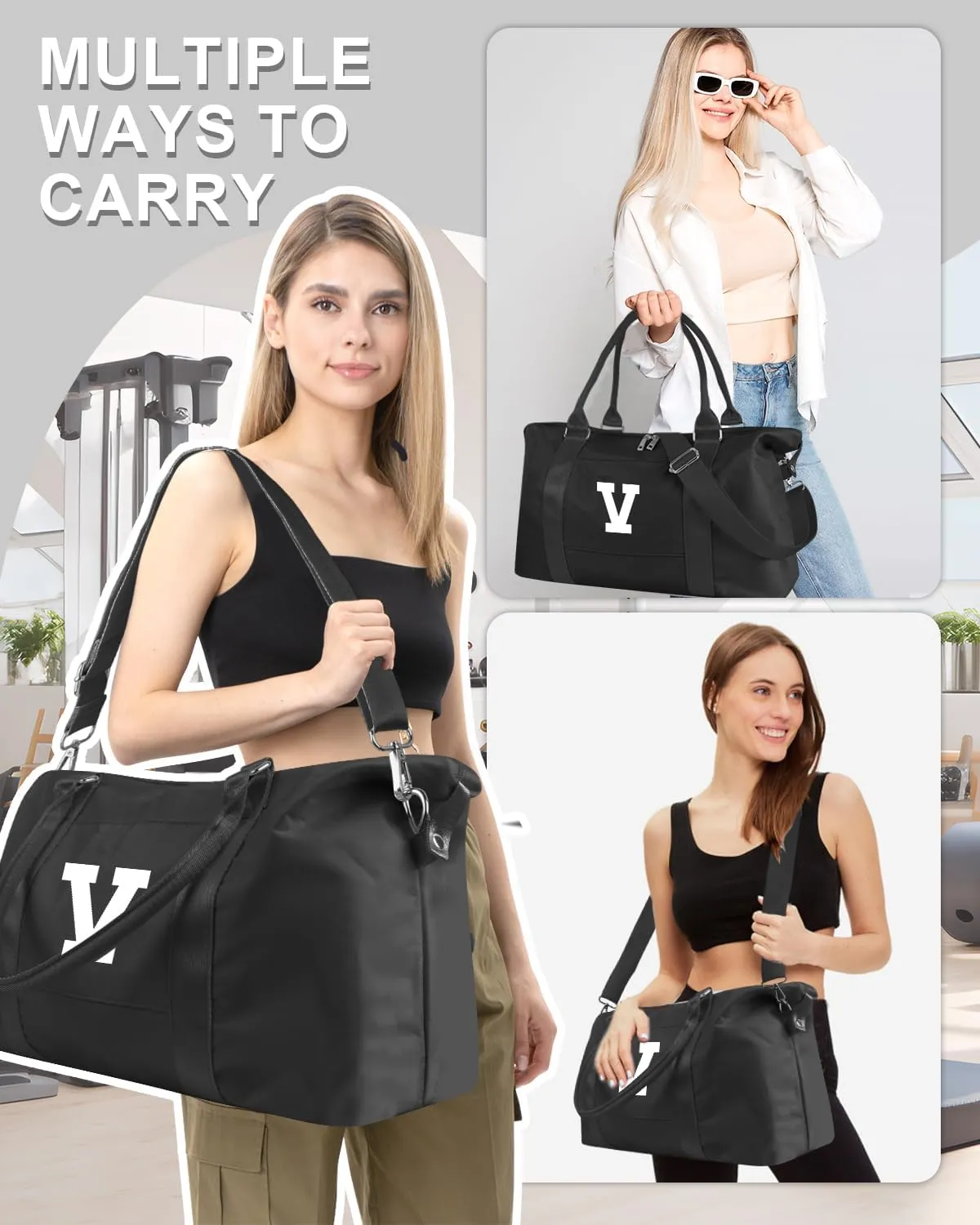 Initial Travel Duffel Bag Sports Gym Bag for Boys Teen Birthday Gifts,Black Personalized Weekender Bag Carry On Tote Bags for Men,Waterproof Overnight Luggage Bag Airplane Travel Essentials(Letter V)