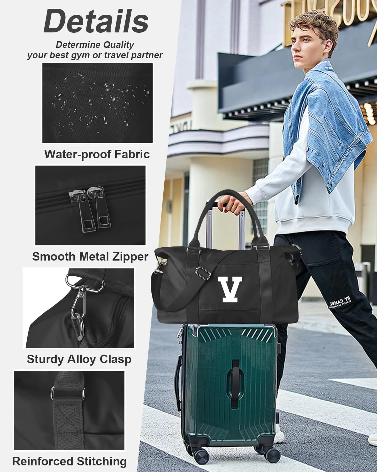 Initial Travel Duffel Bag Sports Gym Bag for Boys Teen Birthday Gifts,Black Personalized Weekender Bag Carry On Tote Bags for Men,Waterproof Overnight Luggage Bag Airplane Travel Essentials(Letter V)