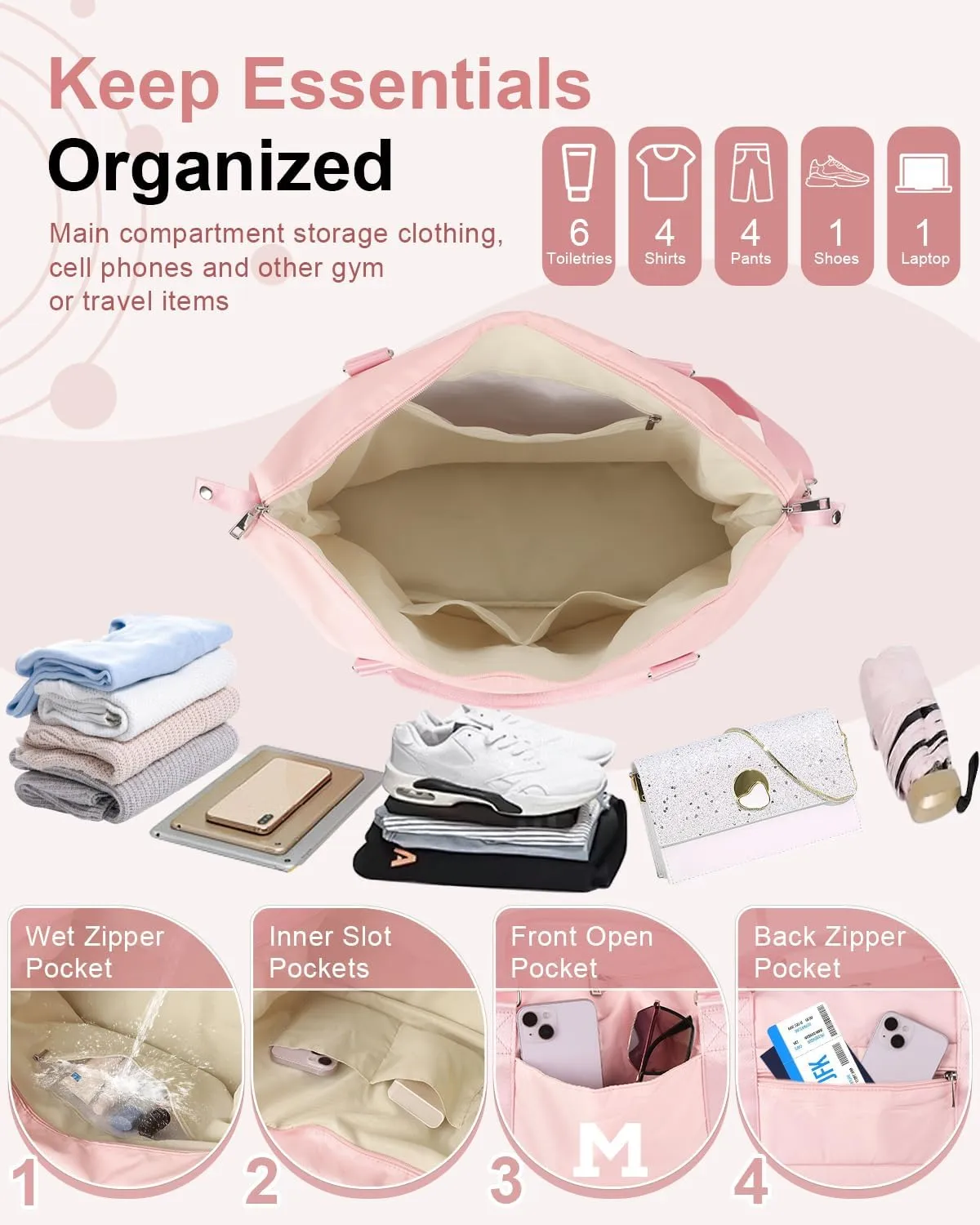 Initial Travel Duffel Bag Sports Gym Bag for Girls Teen Birthday Gifts,Pink Personalized Weekender Bag Carry On Tote Bags for Women Men,Waterproof Overnight Luggage Bag with Trolley Sleeve(Letter M)