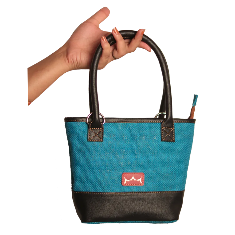 Tiny Tote Bag Jute and Leather - Blue