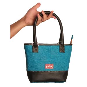 Tiny Tote Bag Jute and Leather - Blue